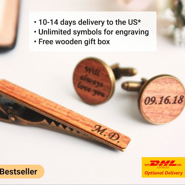 Wood Cufflinks and Tie Clip Set for Groom, Personalized Engraved Monogram Wedding Gift with Gift Box