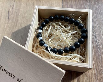 Personalized Black Onyx Bracelet for Men: Engraved Silver Beads, Custom Name Jewelry