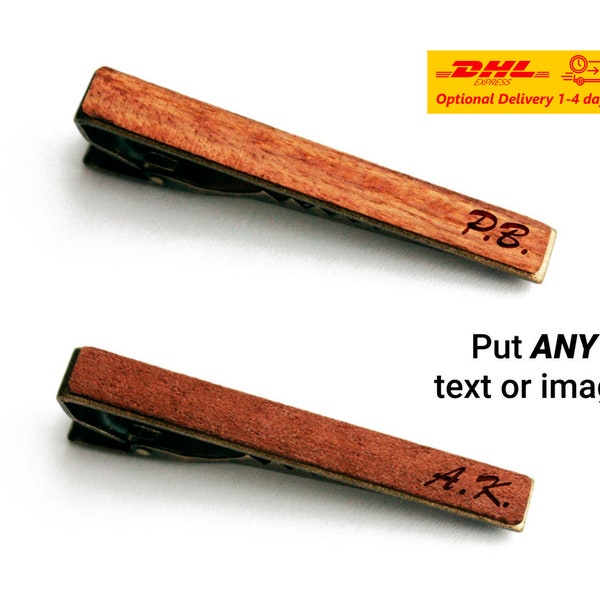 Personalized Light or Dark Wood Tie Clip – Minimalist Wooden Tie Bar, Custom Engraving Option