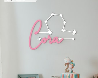 Custom wooden name sign with zodiac Star name wall decor Constellation sign Space kidsroom Constellation personalized stars over crib sign