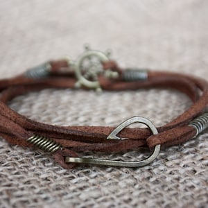 Leather Bracelet for Men with hook Wrap nautical wristband Groomsmen gift Adjustable leather bracelet Men leather anchor bracelet Anchor
