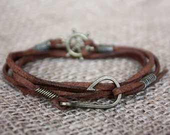 Nautical bracelet, fish hook bracelet, Unisex anchor bracelet, Mens Hook bracelet, Mens leather anchor bracelet, sailing bracelet, gift