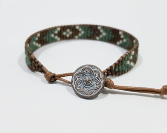 ADRIANA - woven bead bracelet with authentic pattern | army green | white | brown