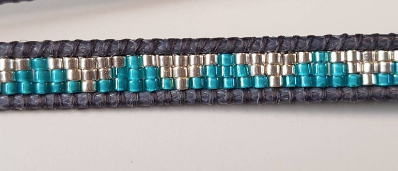 DELPHINE Double-wrap bracelet with silver and turquoise miyuki beads galvanised silver DB native pattern coin button clasp 6 image 3