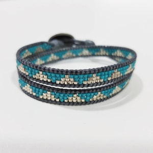 DELPHINE Double-wrap bracelet with silver and turquoise miyuki beads galvanised silver DB native pattern coin button clasp 6 image 2