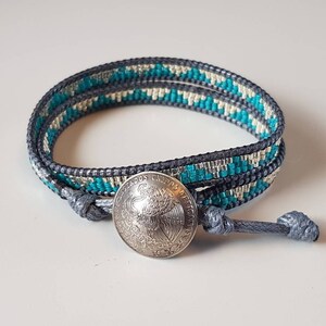 DELPHINE Double-wrap bracelet with silver and turquoise miyuki beads galvanised silver DB native pattern coin button clasp 6 image 7