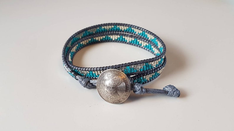 DELPHINE Double-wrap bracelet with silver and turquoise miyuki beads galvanised silver DB native pattern coin button clasp 6 image 7