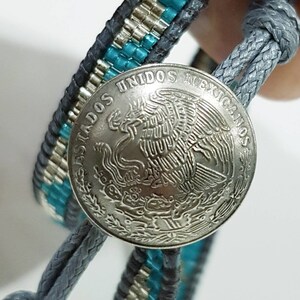 DELPHINE Double-wrap bracelet with silver and turquoise miyuki beads galvanised silver DB native pattern coin button clasp 6 image 5