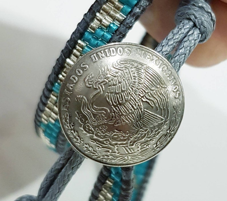 DELPHINE Double-wrap bracelet with silver and turquoise miyuki beads galvanised silver DB native pattern coin button clasp 6 image 5