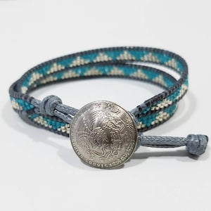DELPHINE Double-wrap bracelet with silver and turquoise miyuki beads galvanised silver DB native pattern coin button clasp 6 image 1