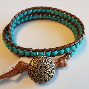 VERA Double-wrap boho bracelet with turquoise beads 17 cm / 6.7 inch bead bracelet with original button clasp image 1