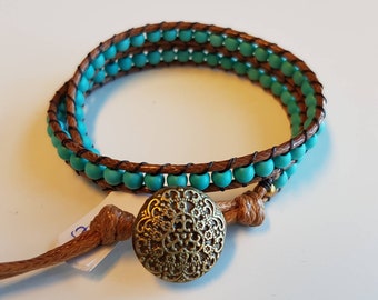 VERA - Double-wrap boho bracelet with turquoise beads | 17 cm / 6.7 inch bead bracelet with original button clasp