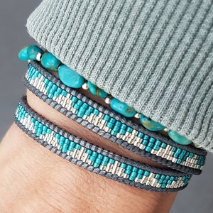 DELPHINE Double-wrap bracelet with silver and turquoise miyuki beads galvanised silver DB native pattern coin button clasp 6 image 6
