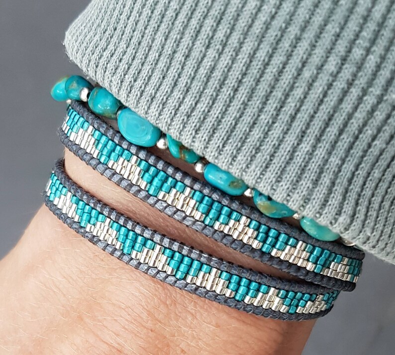 DELPHINE Double-wrap bracelet with silver and turquoise miyuki beads galvanised silver DB native pattern coin button clasp 6 image 6