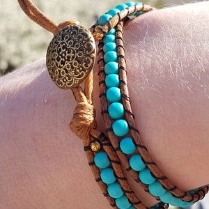 VERA Double-wrap boho bracelet with turquoise beads 17 cm / 6.7 inch bead bracelet with original button clasp image 4