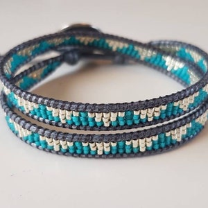 DELPHINE Double-wrap bracelet with silver and turquoise miyuki beads galvanised silver DB native pattern coin button clasp 6 image 8