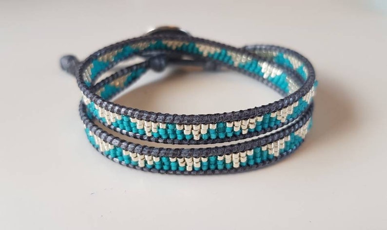 DELPHINE Double-wrap bracelet with silver and turquoise miyuki beads galvanised silver DB native pattern coin button clasp 6 image 8