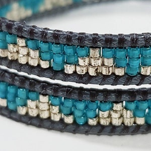 DELPHINE Double-wrap bracelet with silver and turquoise miyuki beads galvanised silver DB native pattern coin button clasp 6 image 4