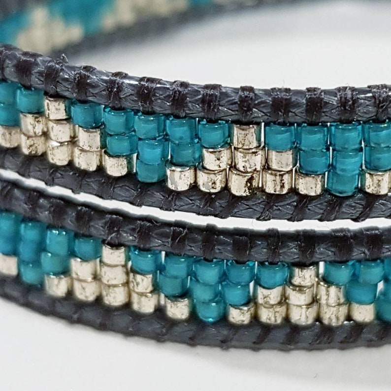DELPHINE Double-wrap bracelet with silver and turquoise miyuki beads galvanised silver DB native pattern coin button clasp 6 image 4