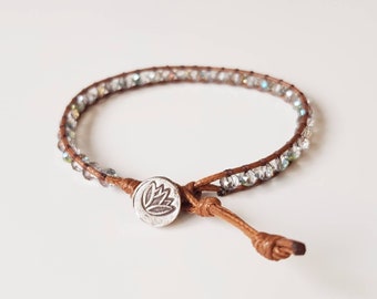 MAGDA - fine single-wrap bracelet with light grey beads and brown cord | for her | fashion accessory | genuine silver button | lotus flower