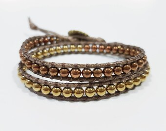 MARA - Double-wrap bead bracelet with coloured hematite beads | 6 - 6,3 inch wrist size | brown cord | flower button clasp