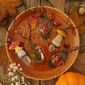 Autumn Polymer Clay | Mushroom Fox Necklace Leaf Squirrel Crystal Pumpkin earrings | Fairycore | Cottagecore Handmade Jewelry