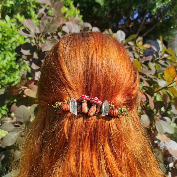 MADE to ORDER | Goblincore Hobbitcore hair clip pin | Autumn fall Samhain | Pumpkin Mushrooms Magical Fairy |Quartz crystal