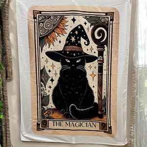 Arazzo con carta dei tarocchi del gatto nero del mago / Decorazione del mago stregone, arazzo mistico da parete, accento per la casa boho, altare pagano wiccan