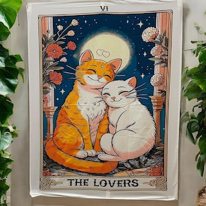 La carte de tarot des amoureux | Suspension murale chat orange et chat blanc | Décoration d'intérieur romantique | uvres d'art sur le thème de l'amour pour les couples