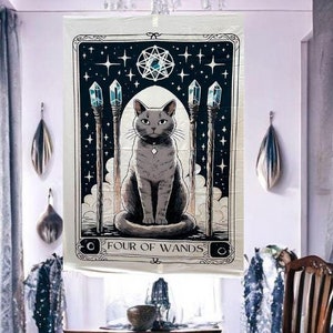 Quatre baguettes de jeu de tarots, tenture murale en cristal, décoration artistique bohème chat gris pour les amateurs de tarot et les passionnés de chat