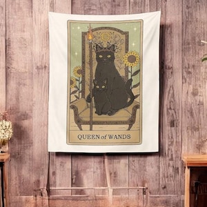 Tapisserie de tarot reine des baguettes, chat noir, art mural tournesol, décoration mystique, accessoires de maison sorcières, cadeau pour les amateurs de tarot