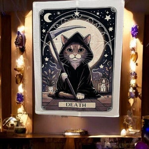 Death Card Sensenmann Katze Tarot Wandbehang | Mystische Wandbehang, Boho Dekor, spirituelle Kunst, Witchy Wohnkultur, perfektes Geschenk