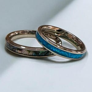 Blue Opal Ring Band Waterproof Ring Tarnish Resistant Stainless Steel – Silver Band