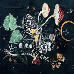 Mushroom Tapestry Lunar Moth Butterfly Night Time | Boho Wall Hanging, Bedroom Decor, Celestial Art, Large Tapestry for Dreamy Vibes