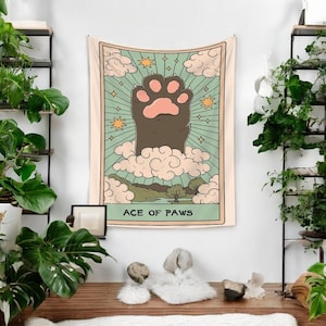 Arazzo dei tarocchi del gatto Ace of Paws / Arazzo da parete mistico, decorazione unica, regalo per gli amanti dei gatti, arazzo in stile boho