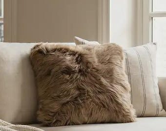 Mocha Brown Sheepskin Pillow Cover 16x16 | Long Hair Lamb Fur Throw Pillow Cover | Boho Luxury Home Decor