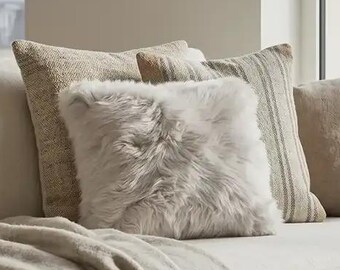 White Sheepskin Pillow Cover 16x16 | Long Hair Lamb Fur Throw Pillow Cover | Boho Luxury Home Decor