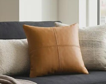Cognac Leather Pillow Cover 16x16 | Genuine Full-Grain Leather Throw Pillow | Modern Western Decor