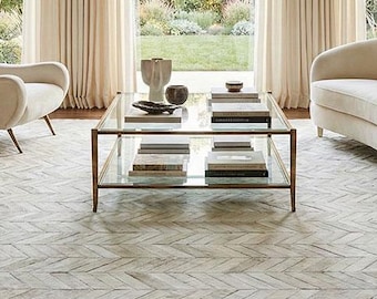 Weißer Chevron Rindsleder Teppich | Handgefertigter Patchwork Lederteppich