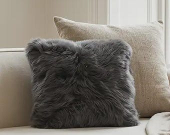 Gray Sheepskin Pillow Cover 16x16 | Long Hair Lamb Fur Throw Pillow Cover | Boho Luxury Home Decor