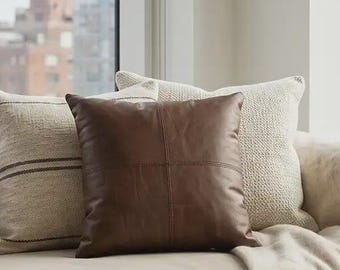 Chocolate Brown Leather Pillow Cover 16x16 | Genuine Full-Grain Leather Throw Pillow | Modern Western Decor