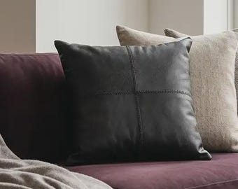 Black Leather Pillow Cover 16x16 | Genuine Full-Grain Leather Throw Pillow | Modern Western Decor