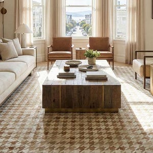 Beige & White Houndstooth Patchwork Cowhide Rug | Graphic Leather Rug, Handmade, Custom Size