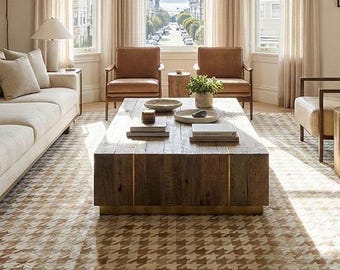 Beige & White Houndstooth Patchwork Cowhide Rug | Graphic Leather Rug, Handmade, Custom Size