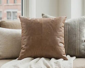 Cigar Leather Pillow Cover 16x16 | Genuine Full-Grain Leather Throw Pillow | Modern Western Decor