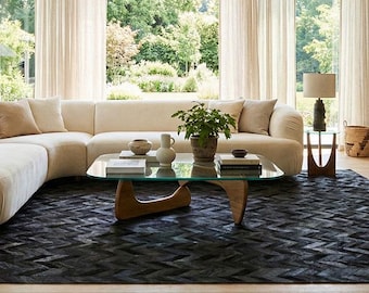Schwarzer Chevron Rindsleder Teppich | Handgemacht Patchwork Leder Teppich