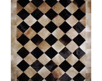 QUEEN Patch Cowhide Rug in Beige and Black Squares  - Custom Sizes