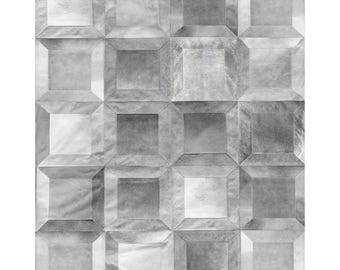 Gray Leather Cube Area Rug: Cowhide Patchwork, Custom Size