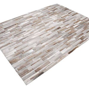 Alternate full view of a Taupe, Beige, Gray Striped Patchwork Cowhide Rug