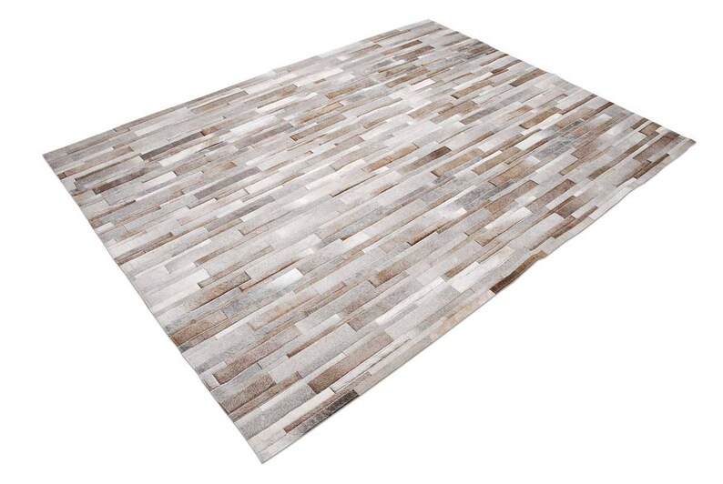 Alternate full view of a Taupe, Beige, Gray Striped Patchwork Cowhide Rug